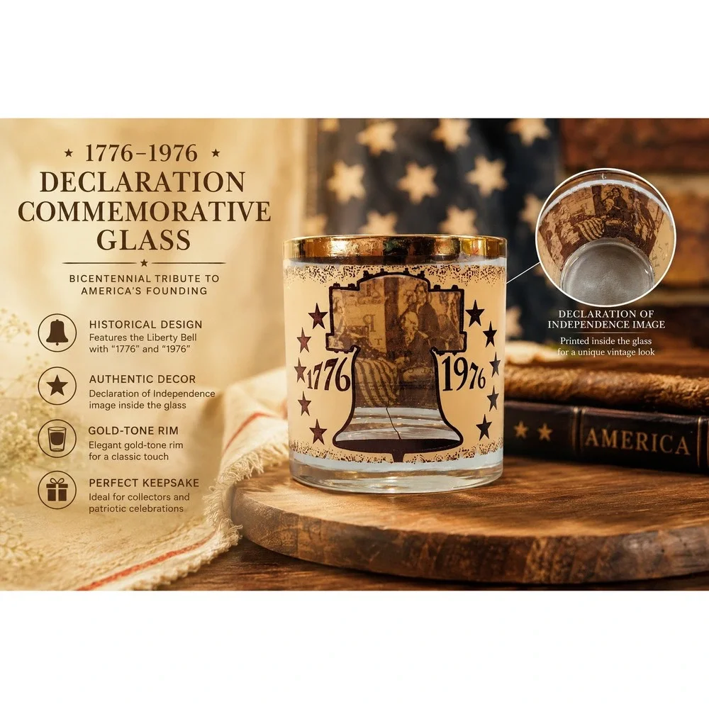 Vintage 1976 Bicentennial Liberty Bell Rocks Glass Gold Rim Whiskey Tumbler